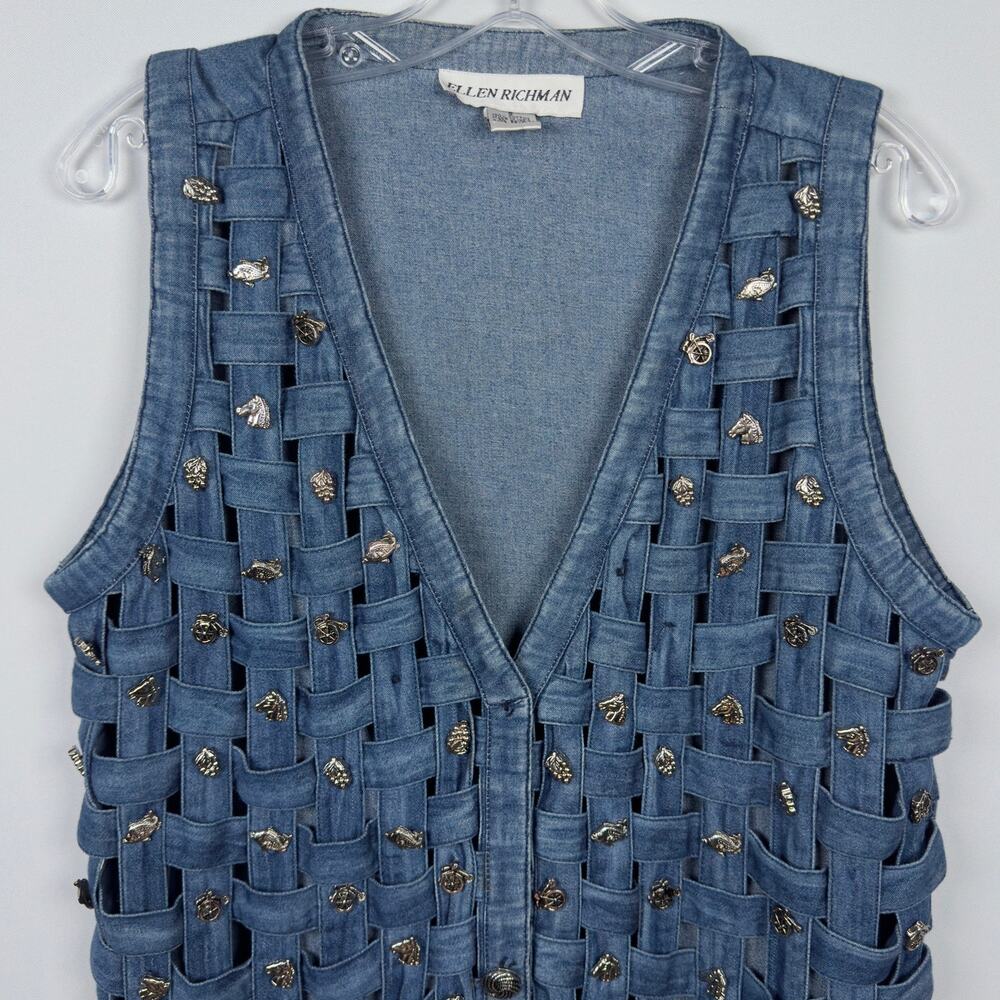 Vintage Ellen Richman Women's Denim Vest Western Silver Charms Size S